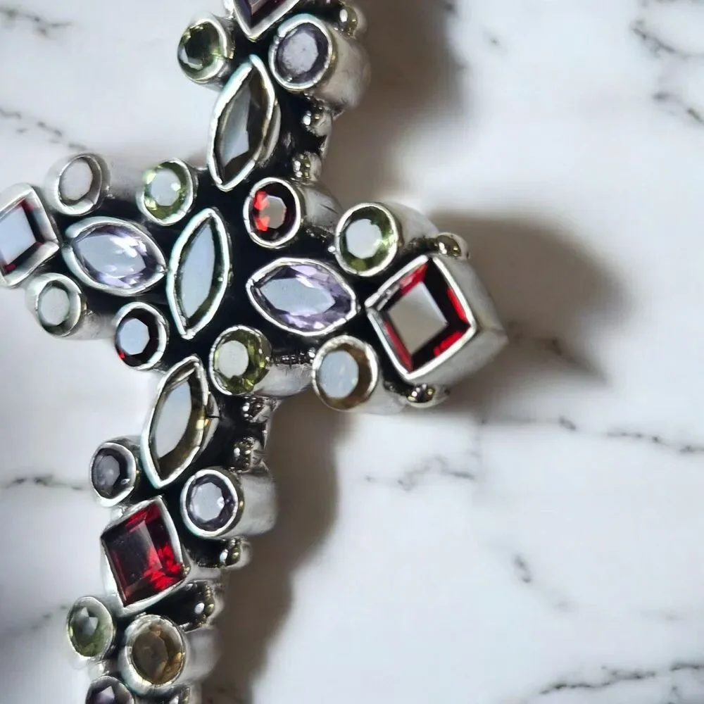 925 Sterling Jeweled Cross Pendant Multicolored 2 inch